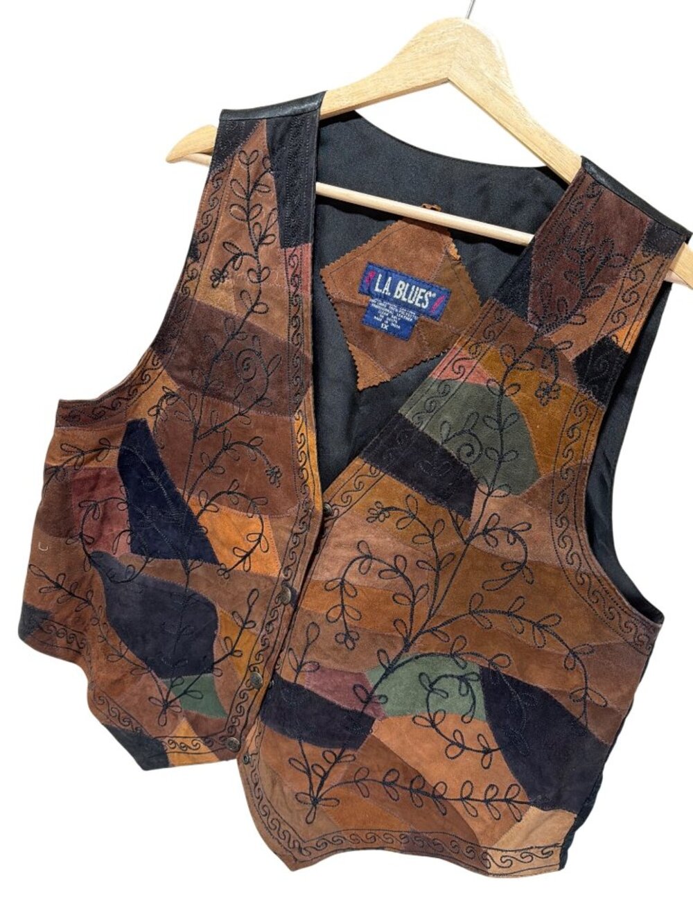 LA Blues Vintage 90s Earth Tone Patchwork Leather Suede Vest With Embroidered Vi